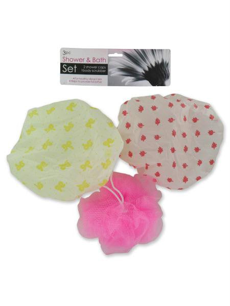 Shower Cap & Body Scrubber Set (Available in a pack of 12)