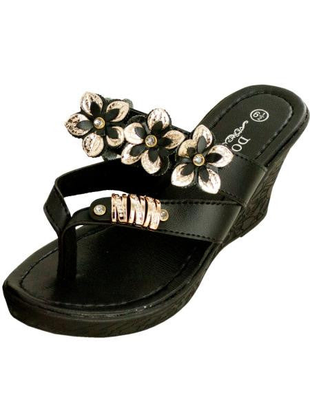 Black Floral Wedge Sandals with Gold & Jewel Accents (Available in a pack of 1)
