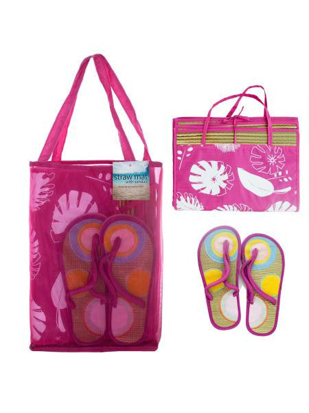 Straw Beach Mat with Sandals in Carrying Bag Set (Available in a pack of 1)