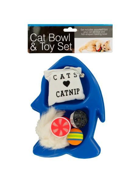 Fish-Shaped Cat Bowl &amp; Toy Set (Available in a pack of 4)