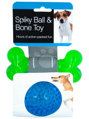 Spiky Ball &amp; Bone Dog Toy Set (Available in a pack of 6)