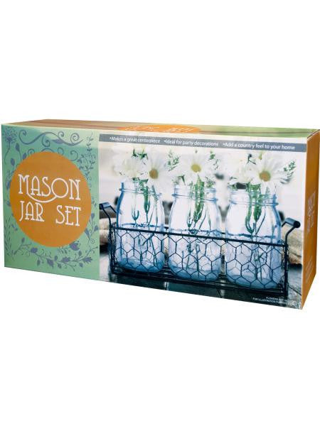 Mason Jar Set with Decorative Metal Rack (Available in a pack of 12)