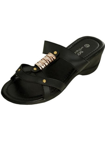 Black Strappy Wedge Sandals with Gold Accents (Available in a pack of 1)