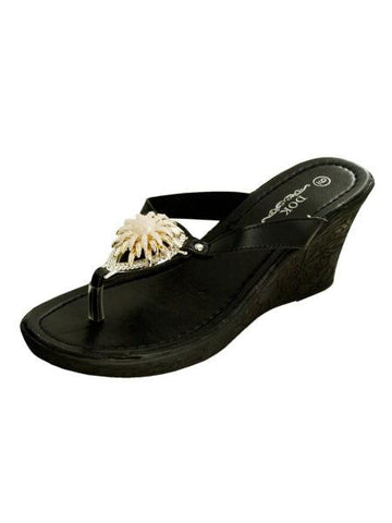 Black Wedge Sandals with Gold Flower Accent (Available in a pack of 1)