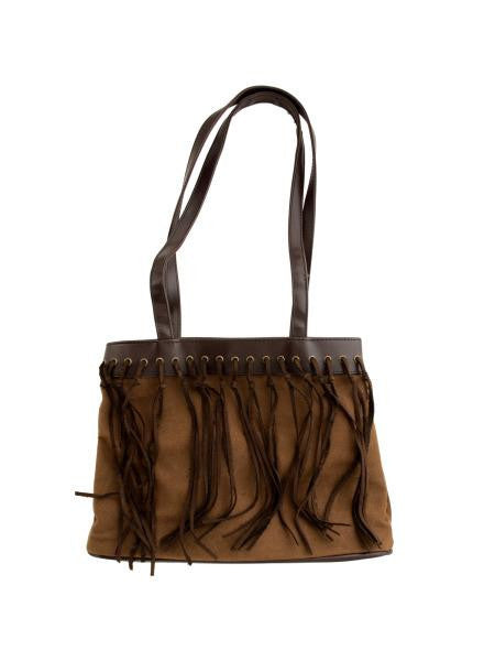 Two Tone Brown Faux Suede Handbag with Tassels (Available in a pack of 4)