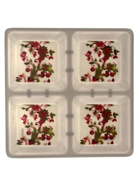 Four Section Square Dish with Holly Design (Available in a pack of 8)